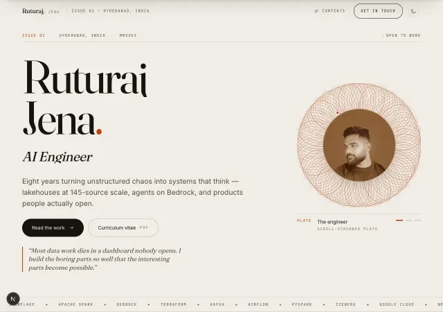 Ruturaj Jena — Editorial AI Engineer Portfolio design preview